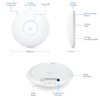 UBIQUITI UAP-U7-PRO, UniFi, Triple Band, 5765Mbps, Wifi6, Tavan Tipi, Access Point (Poe Adapt�r ��kmaz)
