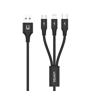 Unitek USB-A to 3in1 H�zl� �arj Destekli 2.4A 1.2Mt �oklu �arj Kablosu (C14049BK)