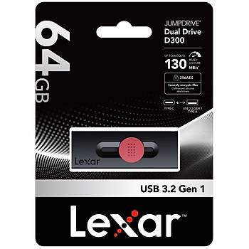 Lexar 64GB LJDD300064G-BNBNG USB Dual Bellek TYPE-C AND TYPE-A USB 3.2  130MB/S Read Flash Disk