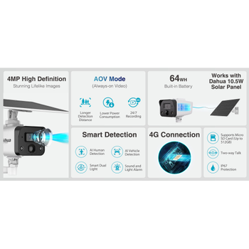 Dahua IPC-HFW2441DG-4G-SP-B-MAX  4Mpix 3,6mm  Lens H265+ 30Mt Gece G�r��� Dahili Mikrofon IP67 Solar (G�ne� Enerjili) IP Kamera