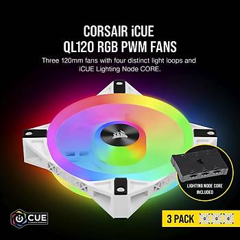 Corsair CO-9050104-Ww QL120 RGB 120 Mm D�rt RGB Renk D�ng�l� Beyaz PWM Fan Lighting Node Core Kontrolc� �le Birlikte 3�l� Paket Kasa Fan�