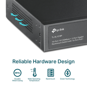 TP-LINK TL-SL1218P, 16 Port, Megabit, PoE 150W, 2 Port Gigabit Lan, 1 Port Gigabit Combo SFP, Y�netilemez, Rackmount, Switch