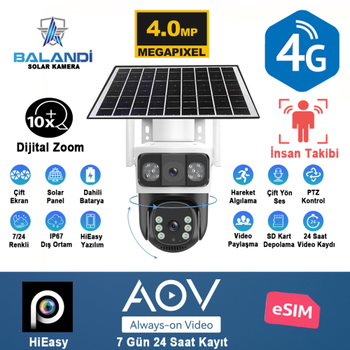 Afila Balandi PRO-8200GIP 4mp 2 Kameral� E-Sim 4g AOV Solar Smart Kamera G�ne� Panelli Hieasy Yaz�l�m (360 Derece) G�venlik Kameras�