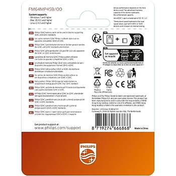 Philips FM64MP45B/00 64GB Class10 UHS-I U1 TF Adapt�rl� Micro SDXC Haf�za Kart�