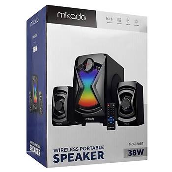 Mikado MD-370BT 2+1 38W Siyah BT-AUX-USB-FM-LED I��kl� Multimedia Speaker