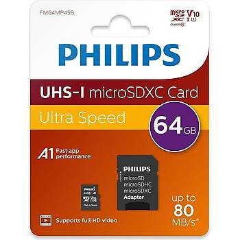 Philips FM64MP45B/00 64GB Class10 UHS-I U1 TF Adapt�rl� Micro SDXC Haf�za Kart�