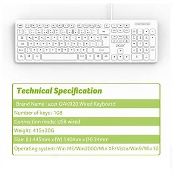 Acer OAK920 Q Usb Beyaz 1.8mt Kablolu Klavye-Tek Tu� Hesap Makinal� (Sessiz Tu�)