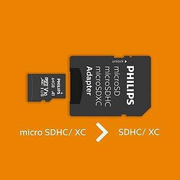 Philips FM64MP45B/00 64GB Class10 UHS-I U1 TF Adapt�rl� Micro SDXC Haf�za Kart�