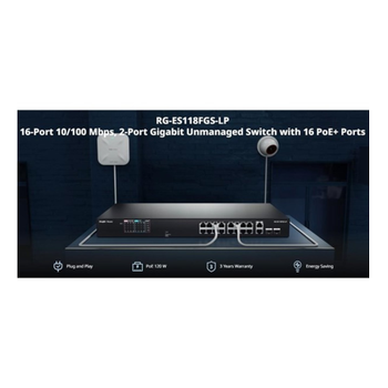 RUIJIE REYEE RG-ES118FGS-LP  18 Port, 16 Port  Megabit PoE, 120W, 2 Port Gigabit  COMBO,  Switch  Metal Kasa