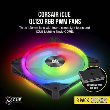 Corsair CO-9050098-WW Icue QL120 RGB 120 MM Drt RGB Renk Dngl PWM Fan Lighting Node Core Kontrolc le Birlikte 3lu Paket Kasa Fan