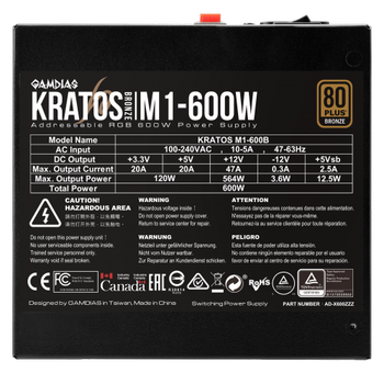 GAMDIAS KRATOS M1-600B, 600W, 80+ Bronze,  RGB, GAMING, ATX, Power Supply (PSU)