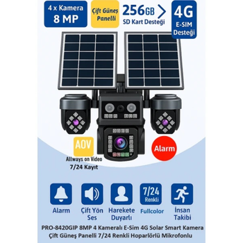 Afila Balandi PRO-8420GIP 8mp 4 Kameral� E-Sim 4g AOV Solar Smart Kamera �ift G�ne� Panelli Hieasy Yaz�l�m (360 Derece) G�venlik Kameras�