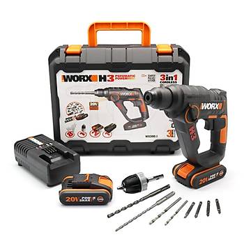 WORX WX390.1 20Volt 2.0Ah. Li-ion 1.2J Profesyonel SDS-Plus Pnmatik ift Akl arjl Matkap + 8 Adet U + Mandren