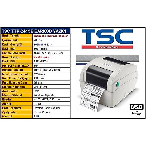  TSC TTP-244CE Termal Transfer Barkod Etiket Yazýcý 