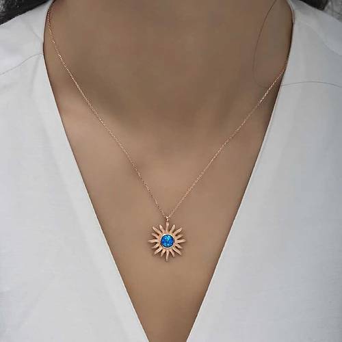 Gümüş Rose Mavi Opal Taşlı Güneş Kadın Kolye