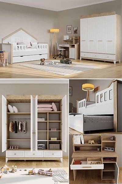 ST120 Madrid Work Mega Bebek ocuk Odas Takm, 4 Kapl Dolap, alma Masas, Yavrulu Ev Karyola