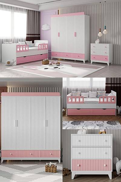ST126 Roma Mega Bebek ocuk Odas Takm, Pembe, 4 Kapl Dolap, ifonyer, Yavrulu Karyola