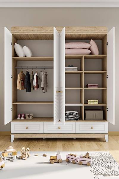 ST120 Madrid Work Mega Bebek ocuk Odas Takm, 4 Kapl Dolap, alma Masas, Yavrulu Ev Karyola