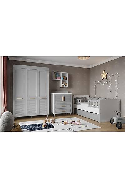 TRUVA Gri - ocuk Gen Oda Takm - 3 Kapl Dolap + ifonyer + Yavrulu Karyola