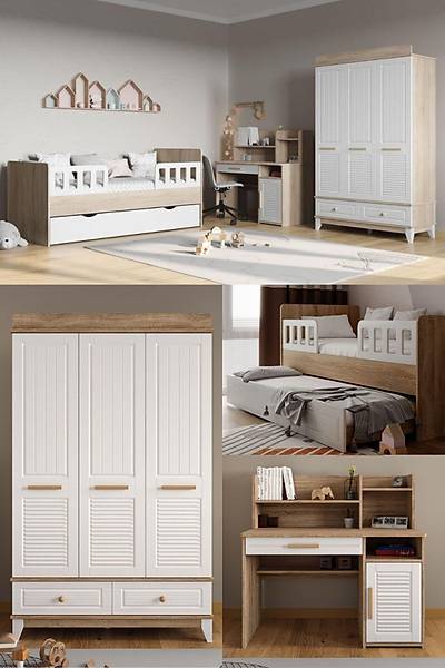 ST117 Madrid Work Bebek ocuk Odas Takm, 3 Kapl Dolap, alma Masas, Yavrulu Karyola