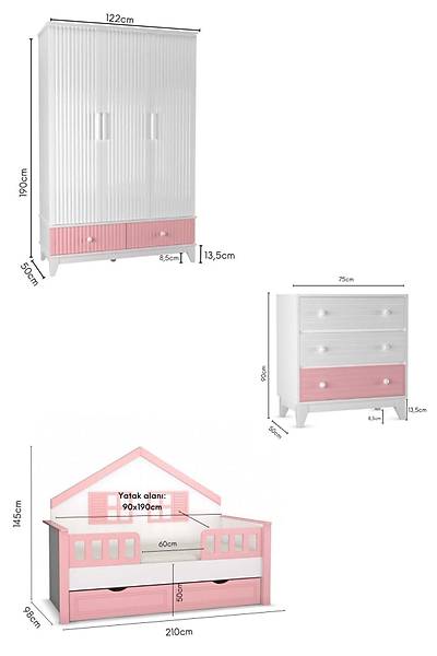 ST129 Roma Mia Bebek ocuk Odas Takm, Pembe, 3 Kapl Dolap, ifonyer, Yavrulu Ev Karyola