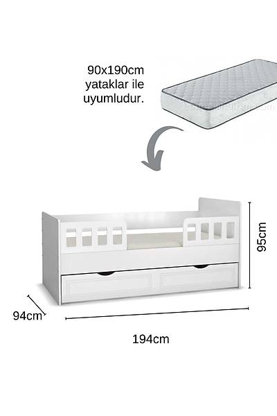 ST103 Bergama Mega Bebek ocuk Odas Takm, Beyaz, 4 Kapl Dolap, ifonyer, Yavrulu Karyola