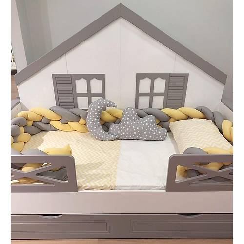 MERKÜR- 4'lü Örgülü Uyku Seti, Montessori Karyolalar İçin 90x190 Sarı Gri