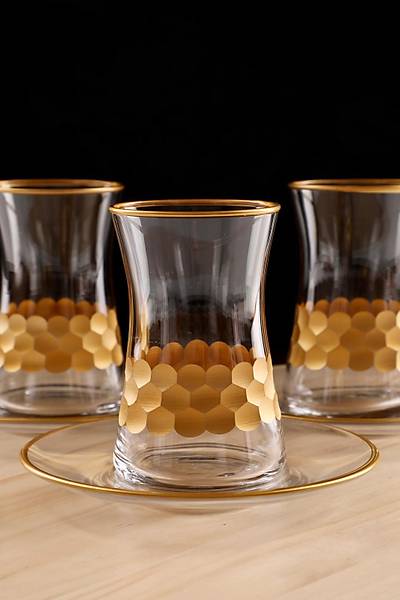 12 Parça Altınlı Kristalize Kesme Sanatı Çay Bardağı Seti (TP)