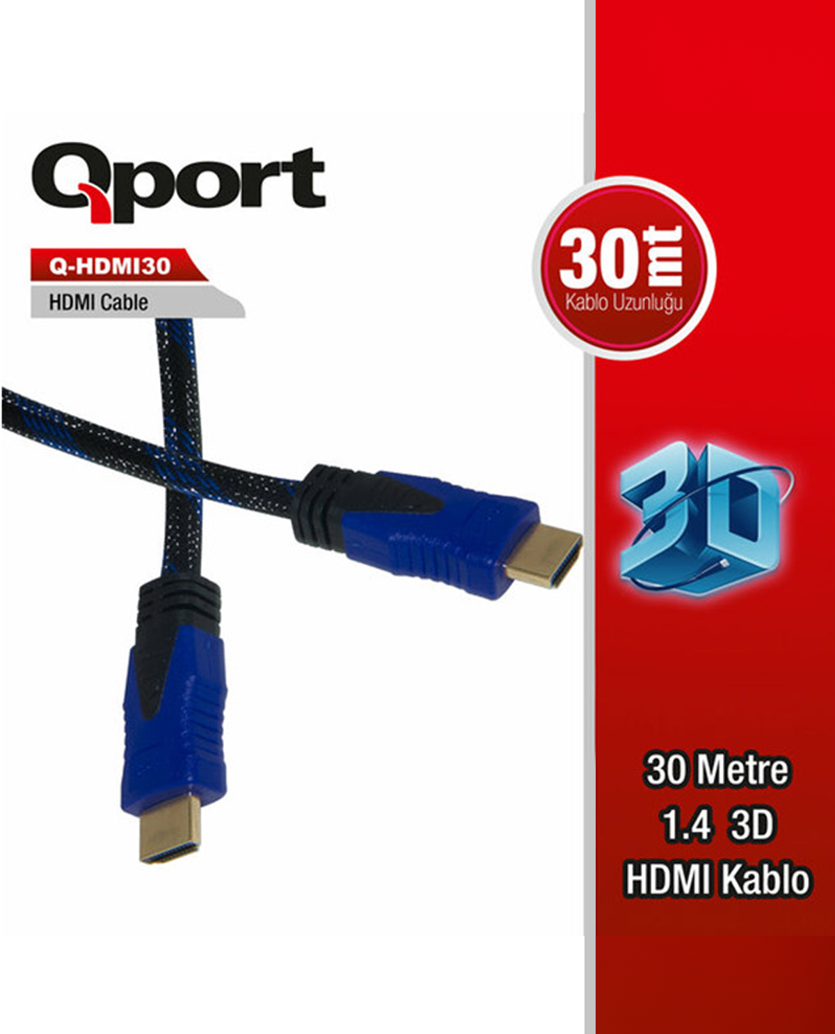 Qport Q-HDMI30 30 Mt HDMI to HDMI 3D Gold v1.4 Örgülü Görüntü Kablosu