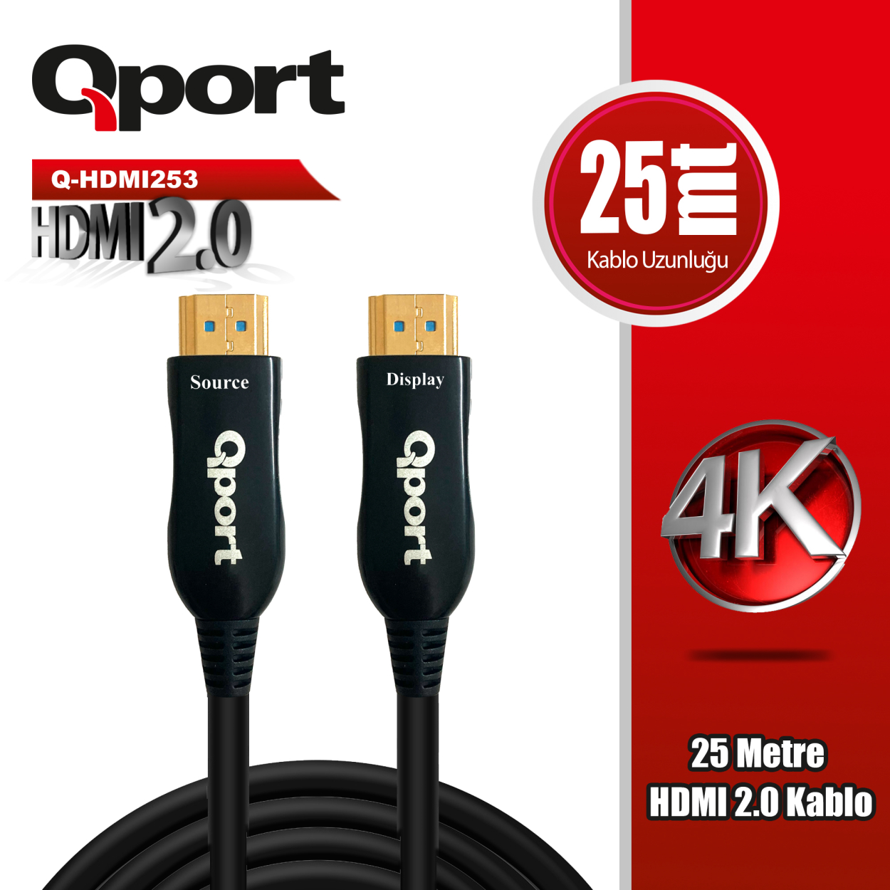 Qport Q-HDMI253 25 Mt HDMI to HDMI v2.0 4K 60hz Altın Uçlu HDMI Görüntü Kablosu