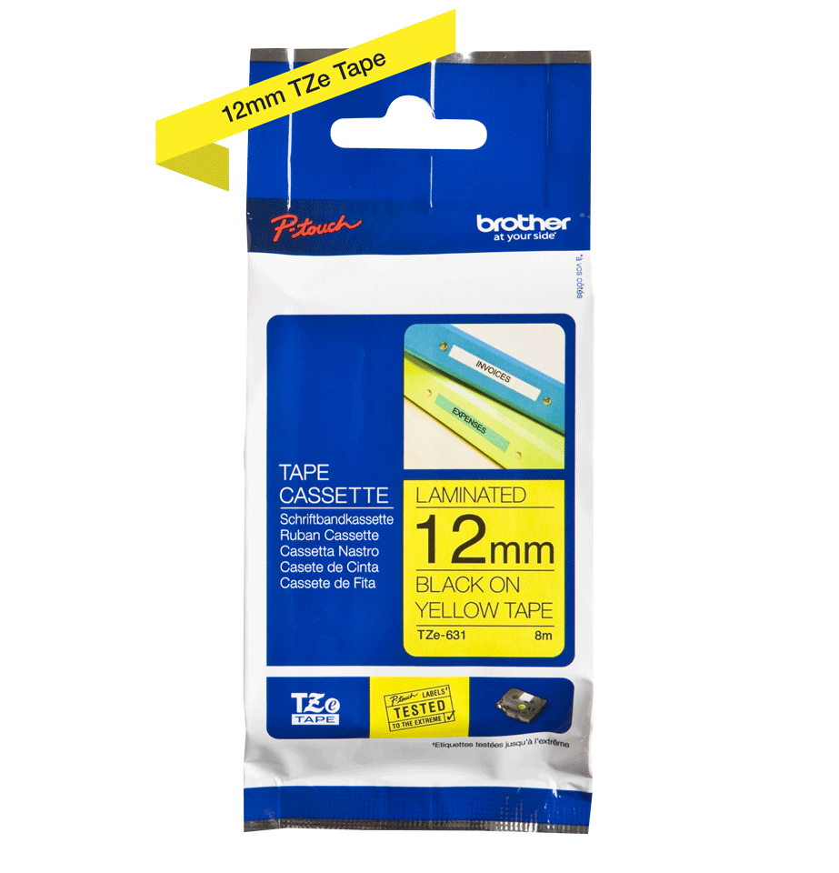 Brother P-TOUCH TZE-631 12mm 8Mt Sarı Üzerine Siyah Laminasyonlu Etiket