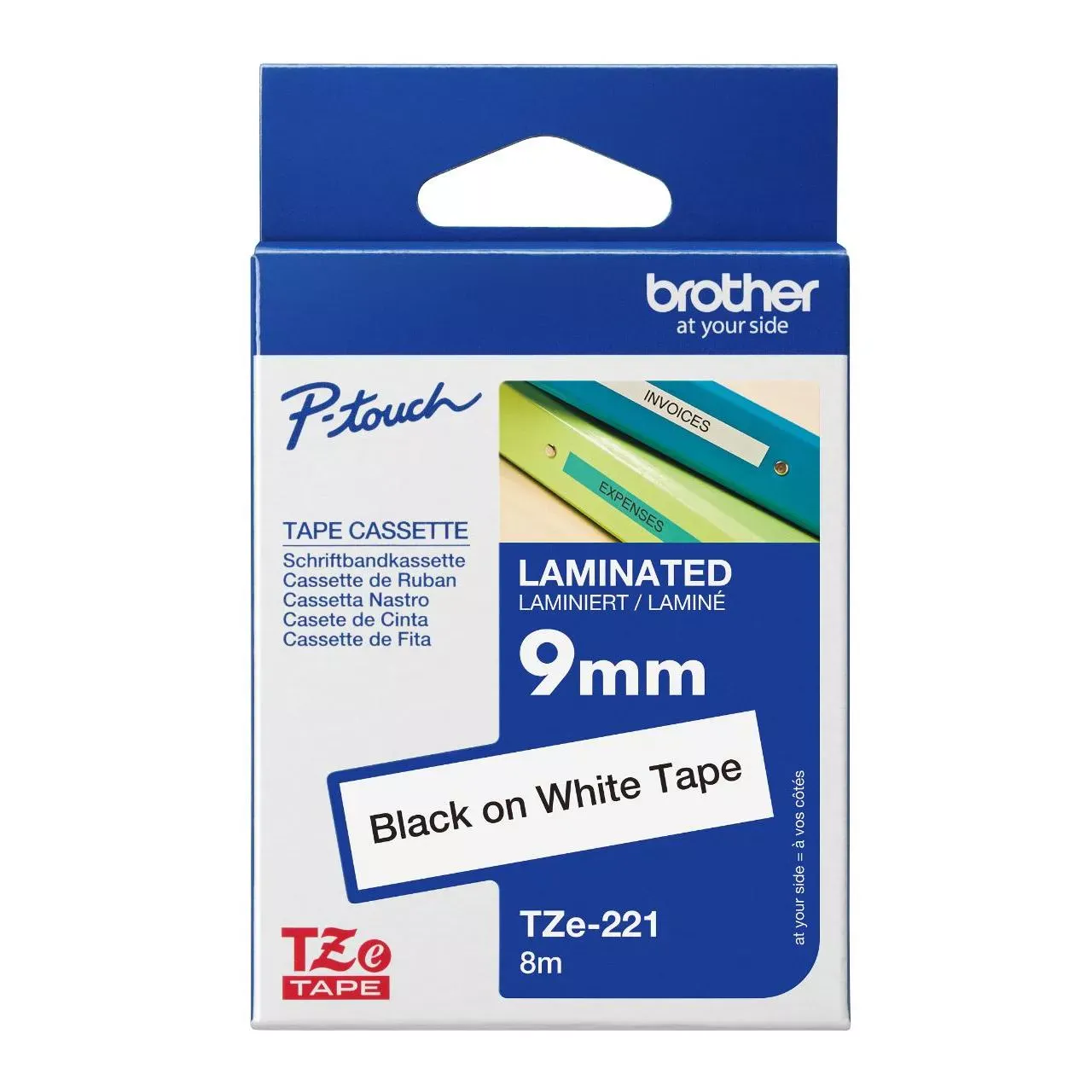 Brother P-Touch TZE-221 9mm 8Mt Beyaz Üzeri Siyah Laminasyonlu Etiket