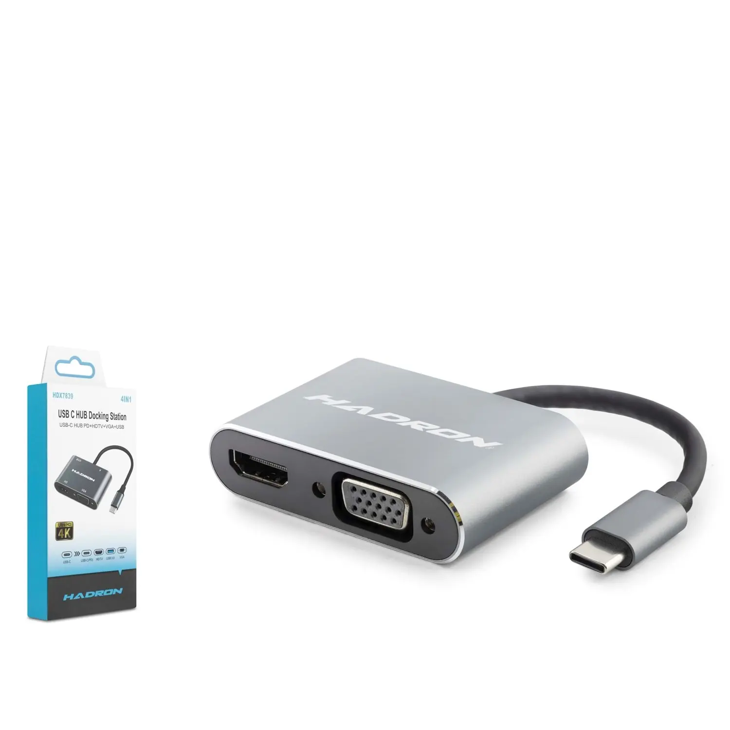 Hadron HDX7839 Usb Type C to HDMI 4k 30h VGA Usb 3.0 PD 4 in 1 Dock Station