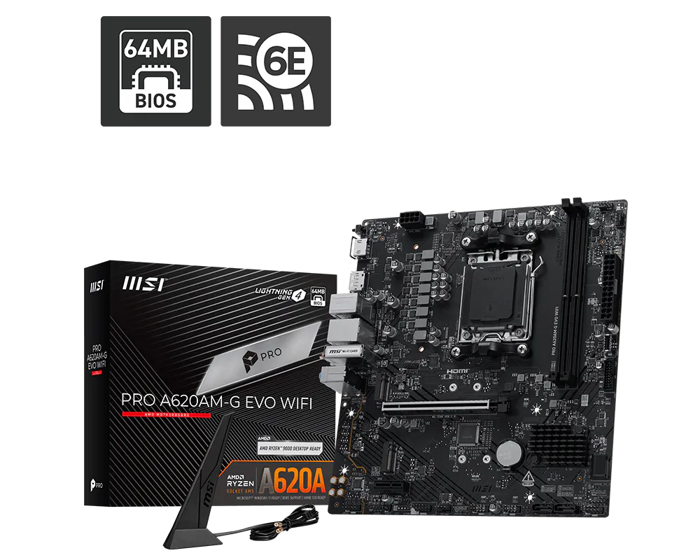 Msi PRO A620AM-G EVO WIFI Sc-AM5 DDR5 7200Mhz 2XM2 5Gbit Wi-Fi 6E ARGB ATX AMD Anakart