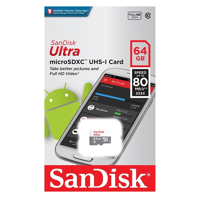 Sandisk SDSQUNR-064G-GN3MN 64 GB 100MB/s Ultra C10 SDHC UHS-1 microSD Hafıza Kartı