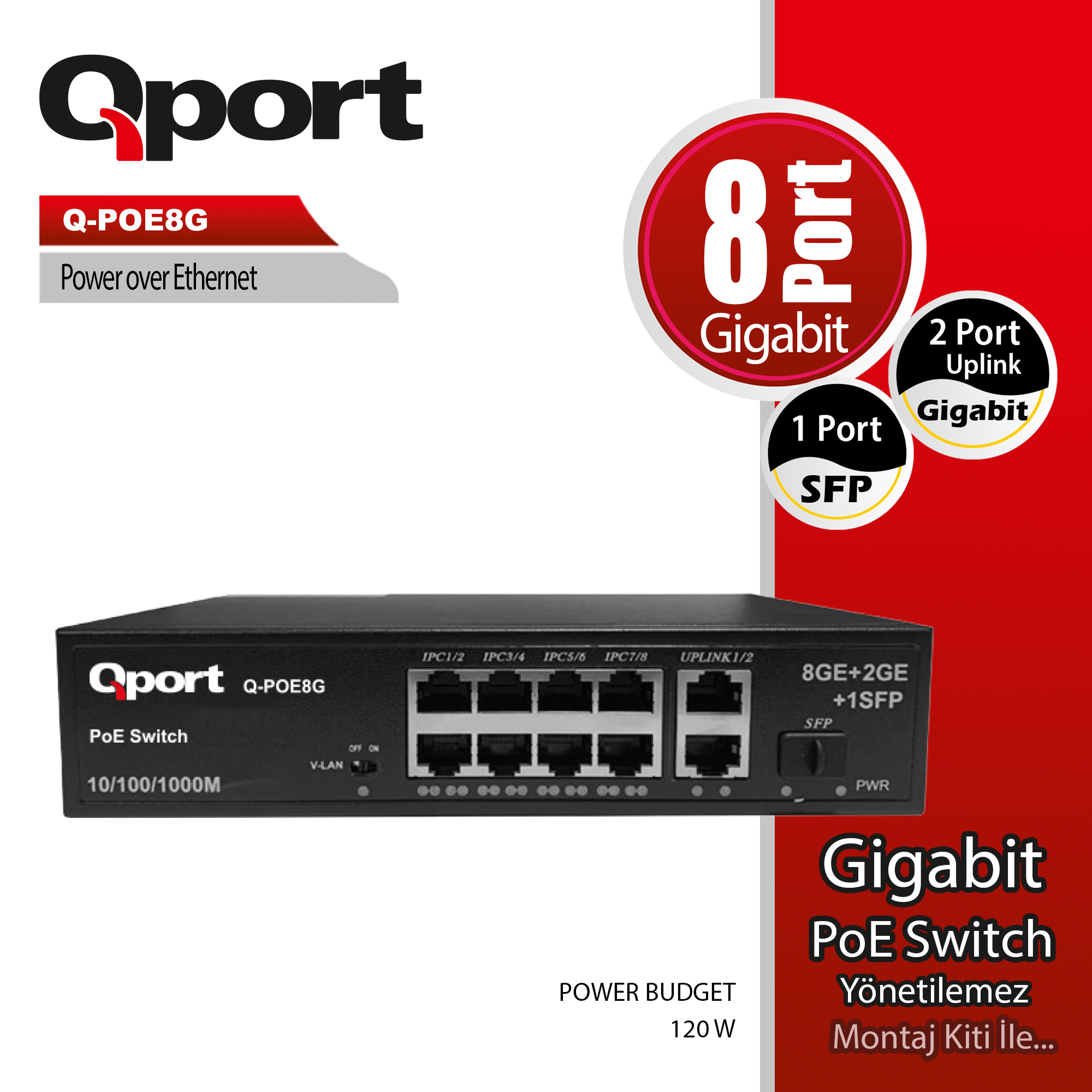 Qport Q-POE8G 8 Port Gigabit PoE 2 Port Uplink 1 Port SFP 120W PoE Switch