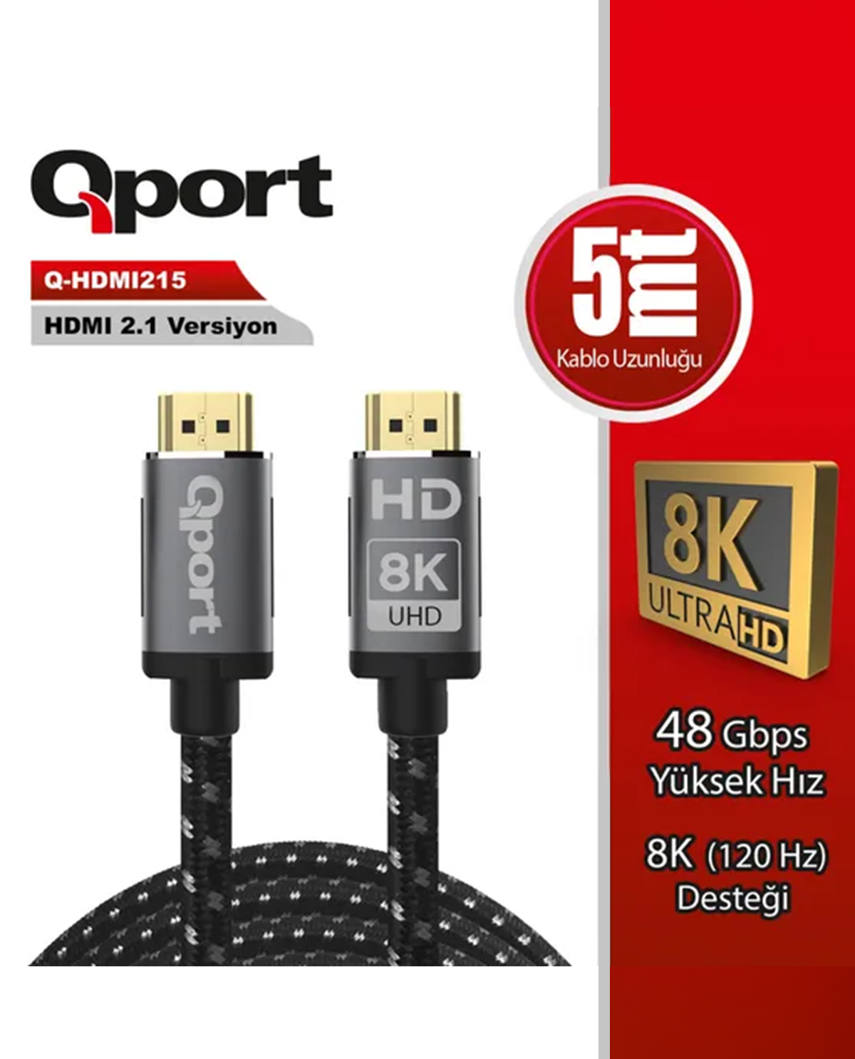 Qport Q-HDMI215 5 Mt HDMI to HDMI v2.1 8K 120Hz 48Gbps Altın Uçlu HDMI Görüntü Kablosu