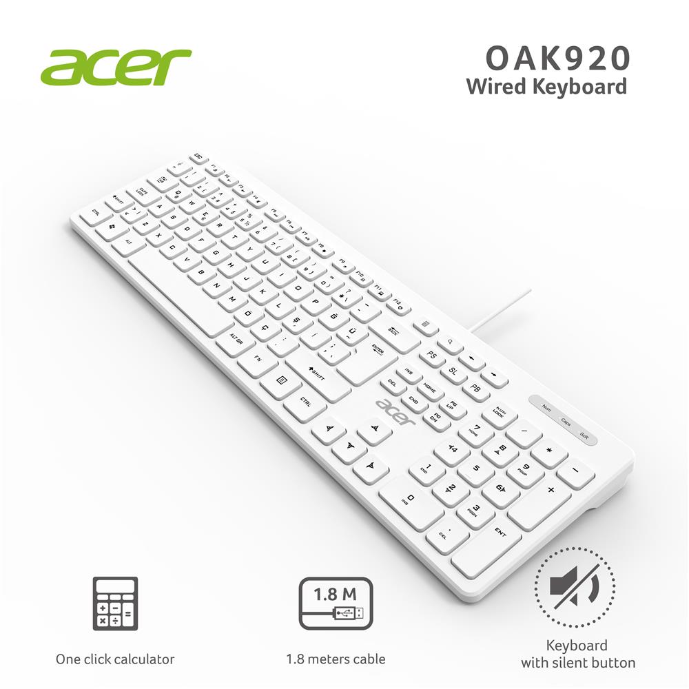 Acer OAK920 USB Q TR Sesiz Tuşlu Kablolu Beyaz Klavye