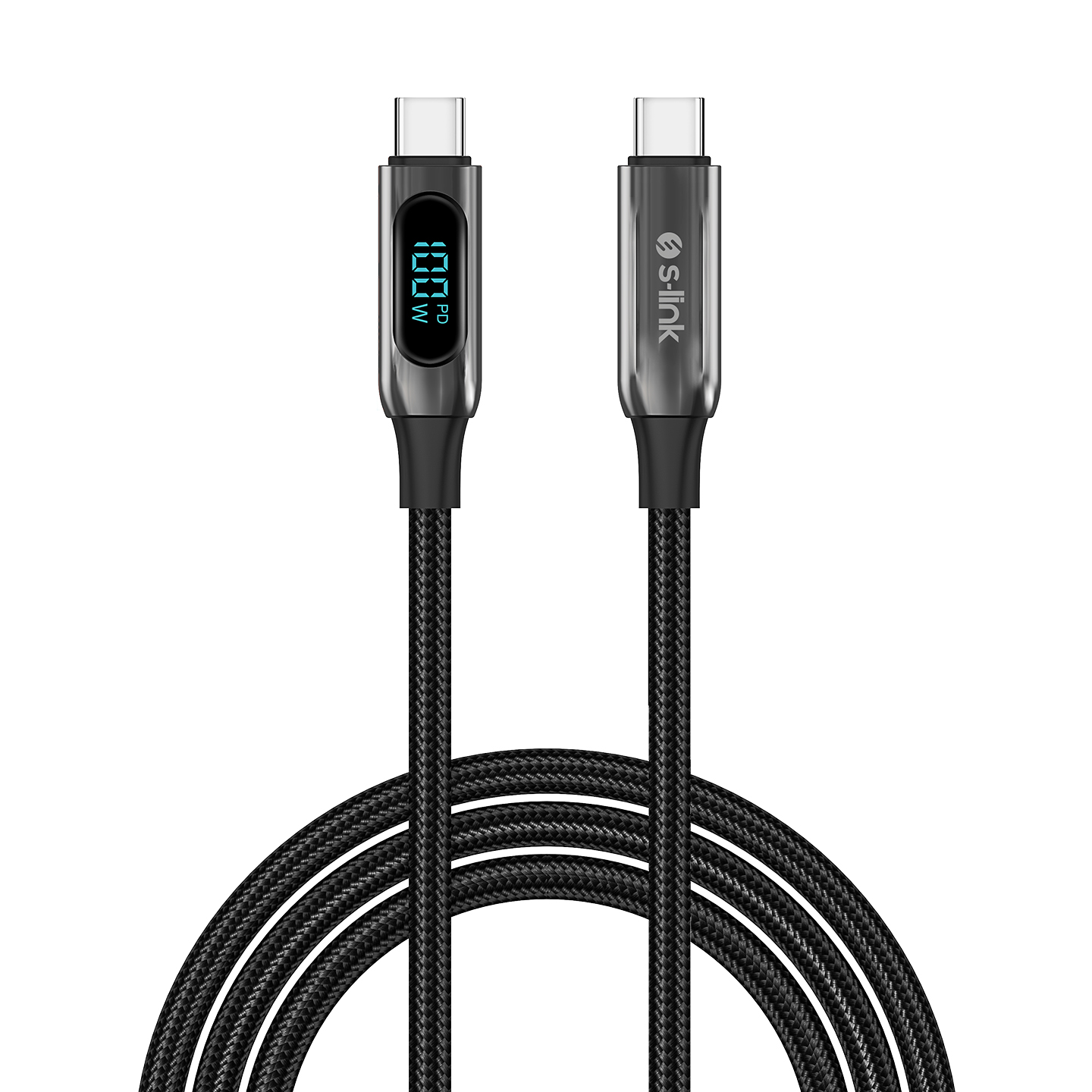 S-Link Armor LCC-0100 1 MT USB Type C to USB Type C 100W PD Örgülü LED Başlıklı Siyah Hızlı Şarj Kablosu