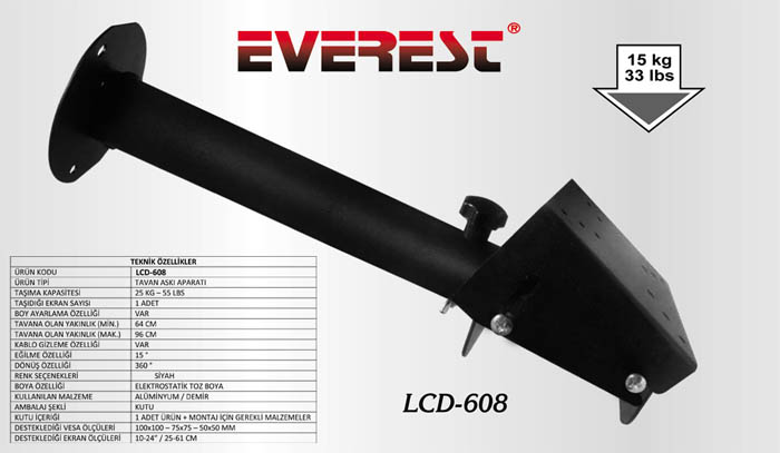 Everest LCD-608 10 - 24 inch 50x50 Tavan Tipi Hareketli Askı Aparatı