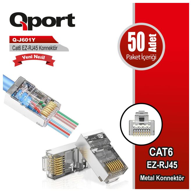 Qport Q-J601Y Ez-Rj45 Metal CAT6 Yeni Nesil 50 li Paket RJ45 Konnektör