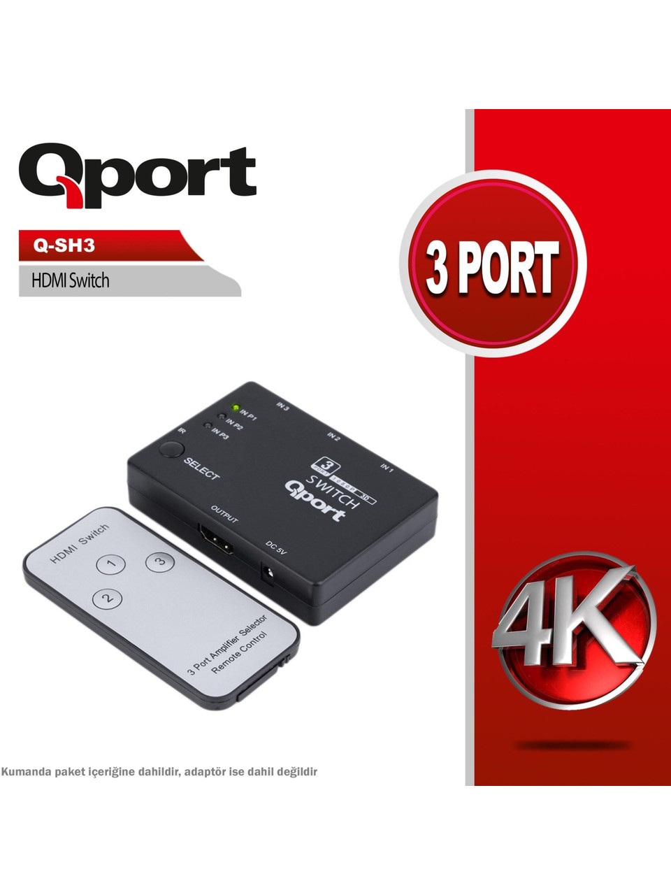 Qport Q-SH3 HDMI to HDMI 3 Port Giriş 1 Port Çıkış Kumandalı HDMI Görüntü Çoklayıcı