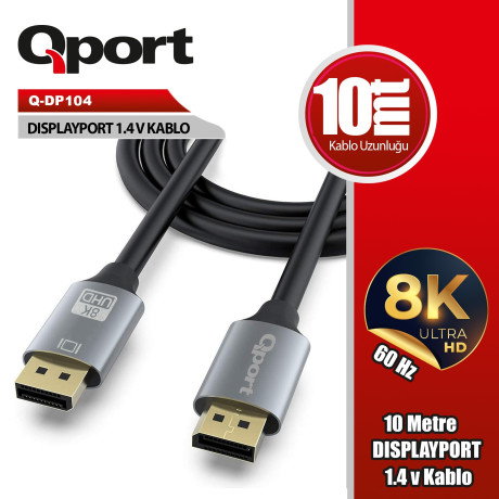 Qport Q-DP104 10 Mt DISPLAYPORT to DISPLAYPORT v1.4 Erkek-Erkek Görüntü Kablosu