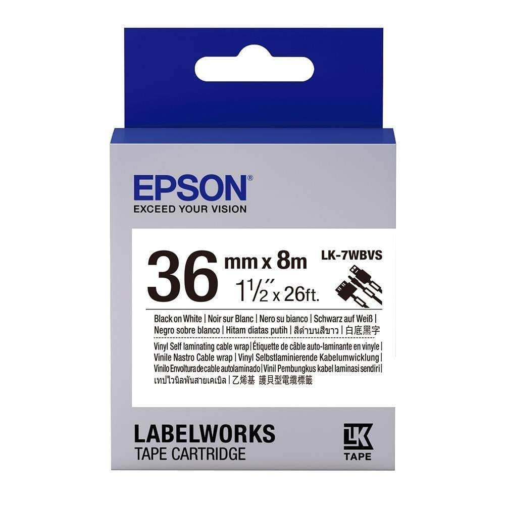 Epson LK-7WBVS 8Mt 36mm Kendinden Laminasyonlu Kablo Giydirme Beyaz Üzeri Siyah Etiket