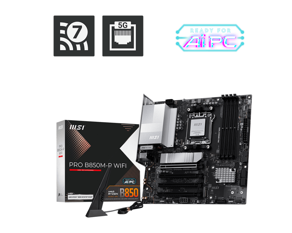 Msi PRO B850M-P WIFI Sc-AM5 DDR5 8200MHz 3xM.2 5Gbit Wi-Fi7 10Gbs USB mATX AMD Anakart