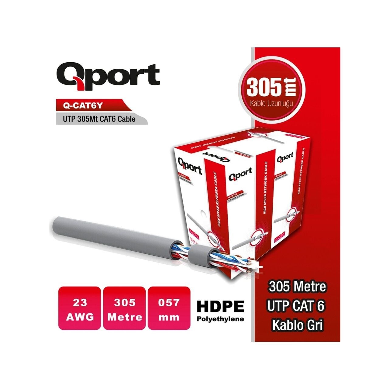 Qport Q-CAT6Y 305 Mt CAT6 UTP AWG23 Gri Data Kablosu