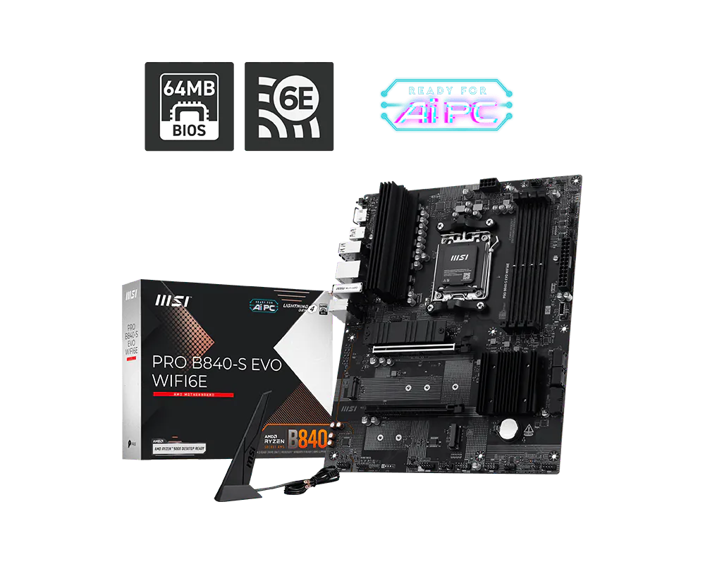 Msi PRO B840-S EVO WIFI6E Sc-Am5 DDR5 8000Mhz 3xM2 2.5Gbit Wi-Fi 6E ATX AMD Anakart