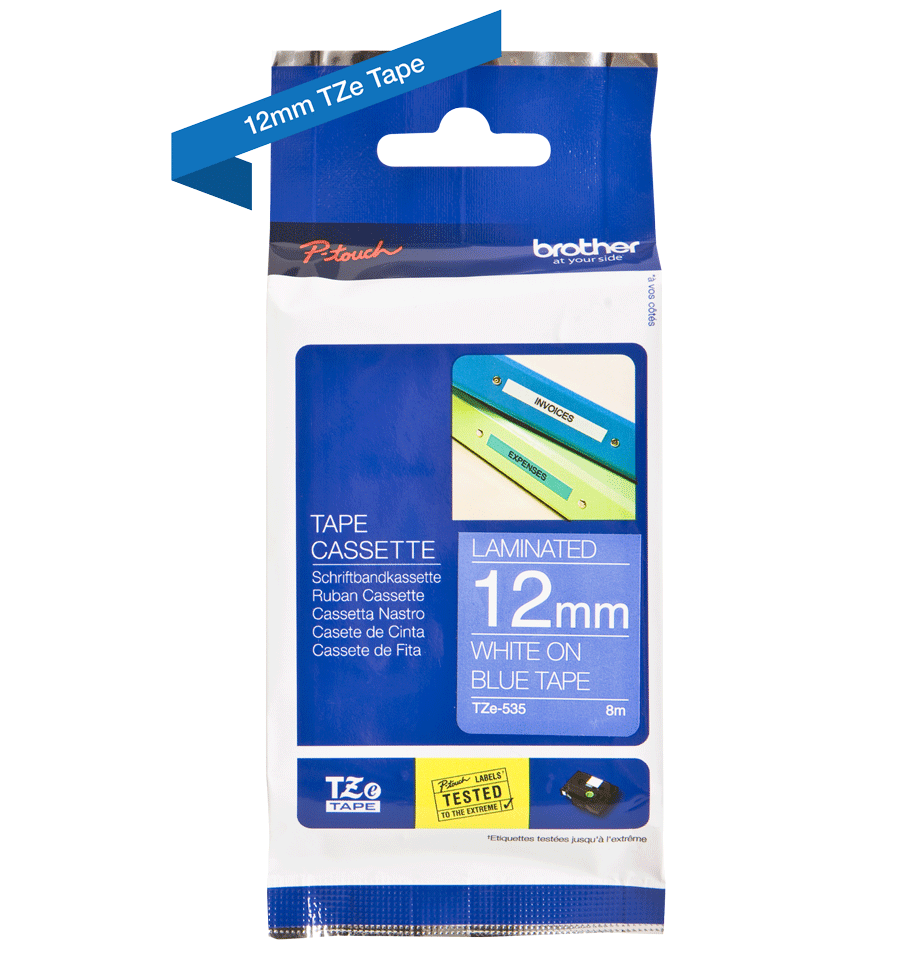 Brother TZE-535 8mt 12 mm Mavi Üzeri Beyaz Laminasyonlu Etiket