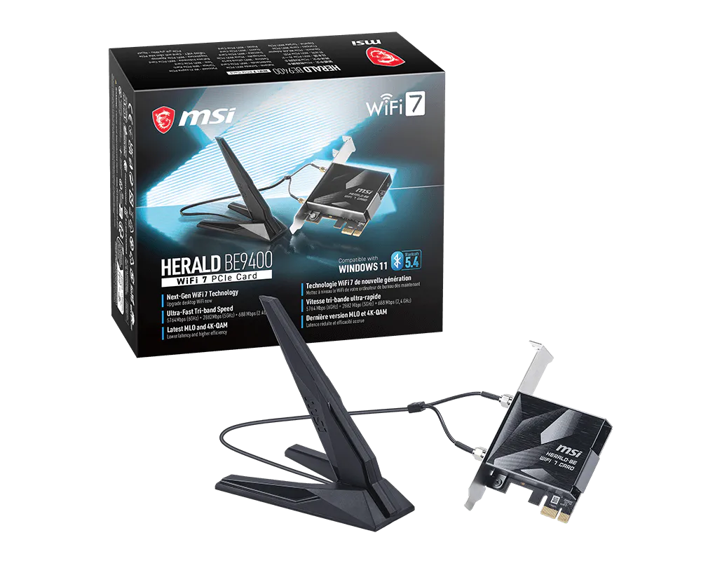 Msi HERALD BE9400 WIFI 7 PCIE CARD BE9400 PCIe Wi-Fi 7 Kablosuz Ağ Adaptörü