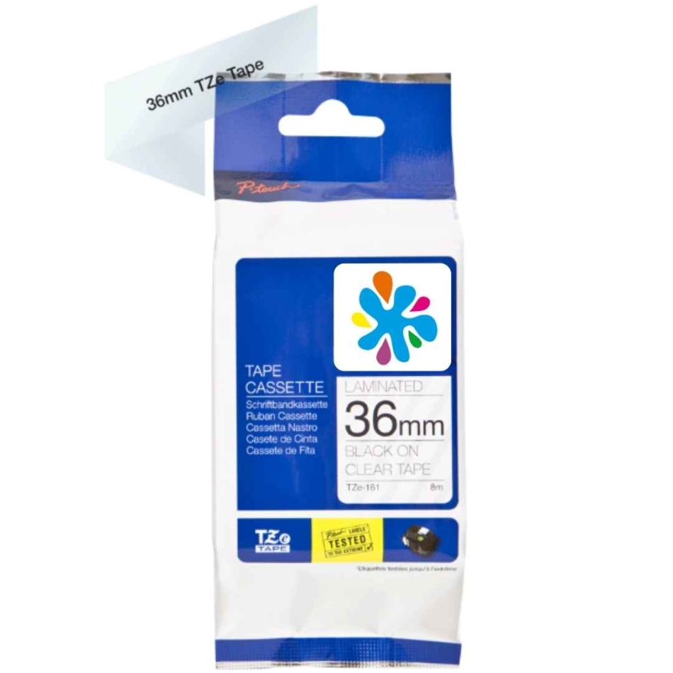 Brother P-Touch TZE-161 36mm 8Mt Şeffaf Üzerine Siyah Laminasyonlu Etiket